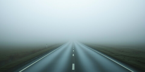 Fototapeta premium An empty highway in the middle of a foggy field in winter