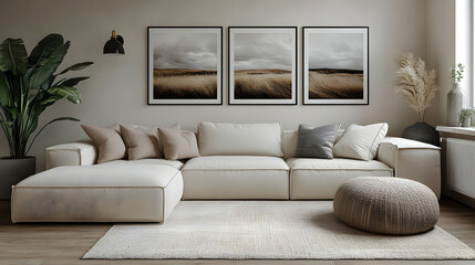 Modern living room with neutral tones and minimalist decor.