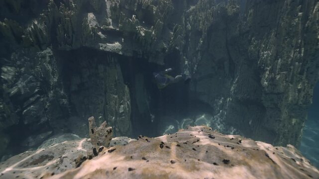 Diving through tropical limestone cave in coron philippines
