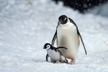  penguin with chick on a rock in Antarctica