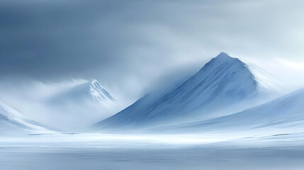 Serene winter landscape with snow-covered mountains and soft clouds.