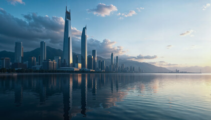 Shenzhen skyline reflecting on water at sunrise with mountains in background
