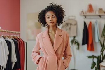 Young woman in a trendy outfit promoting a new fashion line in a stylish boutique, clean solid background, focus on product appeal