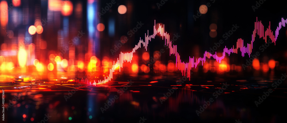 Poster Digital graph with colorful data trends on dark background.