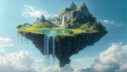 Floating island paradise with waterfall cascading from mountain lake