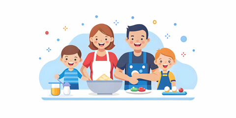 Fototapeta premium Family Baking Cookies Together in Bright Kitchen: A Heartwarming Moment of Parents and Children Enjoying Fun, Flour-Covered Hands, and Joyful Smiles with Copy Space