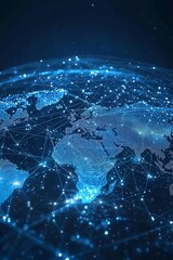Fototapeta premium Abstract digital world map with global network connections and data transfer, technology background concept. Blue glowing lines on a dark blue background.