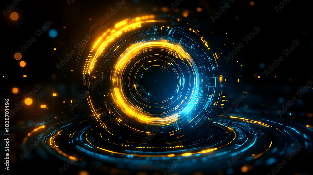Poster abstract digital design featuring glowing circular patterns.