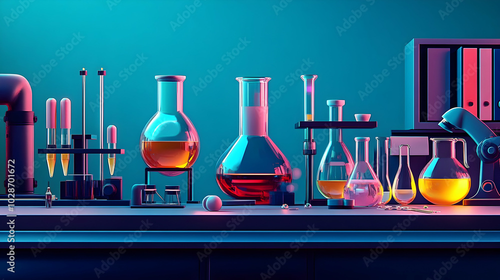 Aufkleber colorful lab setup with various glassware and liquids for experiments.