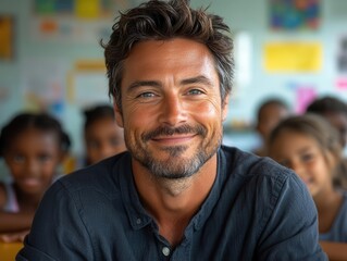 portrait captures a smiling male elementary school teacher amidst engaged students in a bright classroom, radiating warmth and dedication to education