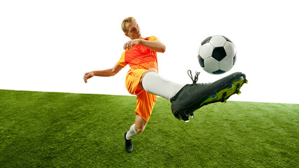 Naklejka premium Focused player advances with ball, his powerful legs propelling him toward his target. Every muscle engaged, showcasing intensity of sport. Concept of competition, sport games, movement, energy. Ad.