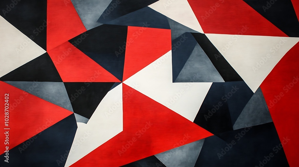 Poster Abstract geometric pattern with red, black, and white triangles.