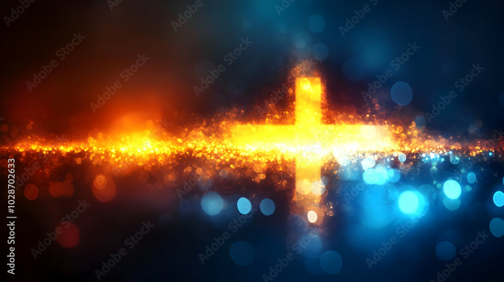 Poster abstract glowing cross with colorful bokeh background.