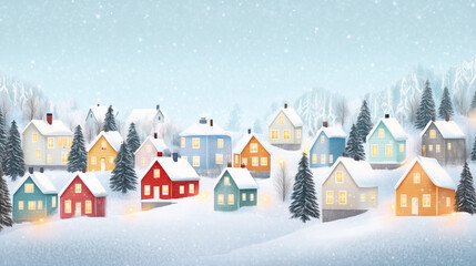 Fototapeta premium A vibrant, snow-covered village featuring colorful houses nestled in a snowy landscape. The scene evokes the magic of winter holidays with soft snowfall and warm lights glowing fro