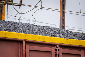 rail transport of coal and coal dust in freight wagons. non-ecological winter fuel. freight train...