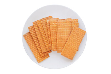 Waffles with chocolate coating. Group of waffles in ceramic plate. Belgian dessert. Isolate on a white background. Top view.