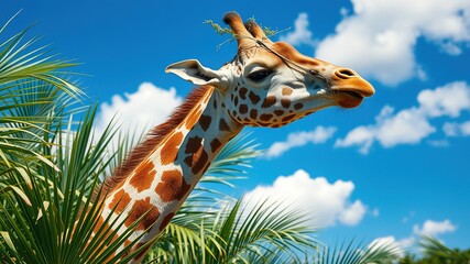 Obraz premium Stylized Giraffe Surrounded by Lush Palm Leaves Under a Clear Blue Sky - High-Resolution Wildlife Photography