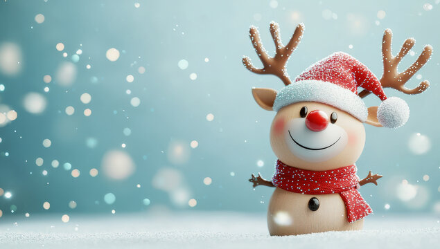 divertido fondo navide&ntilde;o con espacio vacio para publicidad, de un adorable reno con bufanda y gorro rojo de papa Noel entrenieve y bokeh