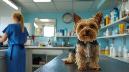 Room for grooming animals, Dog on vet table in vet clinic