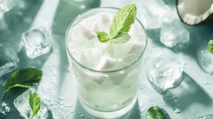 Refreshing Coconut Drink with Mint Garnish and Ice