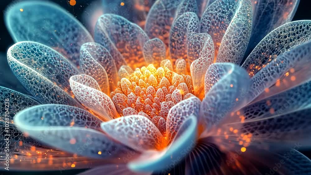 Poster a close-up view of a delicate flower with intricate patterns and glowing light