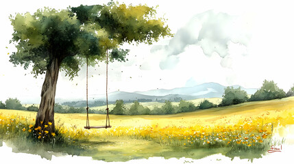 A serene landscape featuring a swing hanging from a tree.