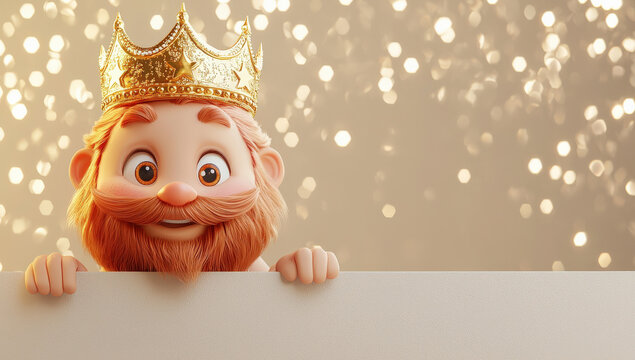,divertido fondo navide&ntilde;o un rey mago con su corona, apoyando sus manos en un muro ,por el que asoma su cabeza, con espacio vacio para publicidad y fondo dorado bokeh