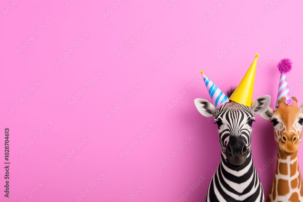 Poster zebra and giraffe are wearing party hats and standing in front of a pink background. image conveys a