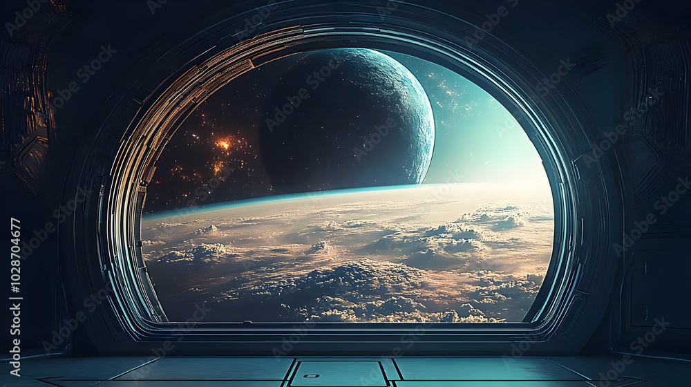 Poster a futuristic view of a planet from a spacecraft window.