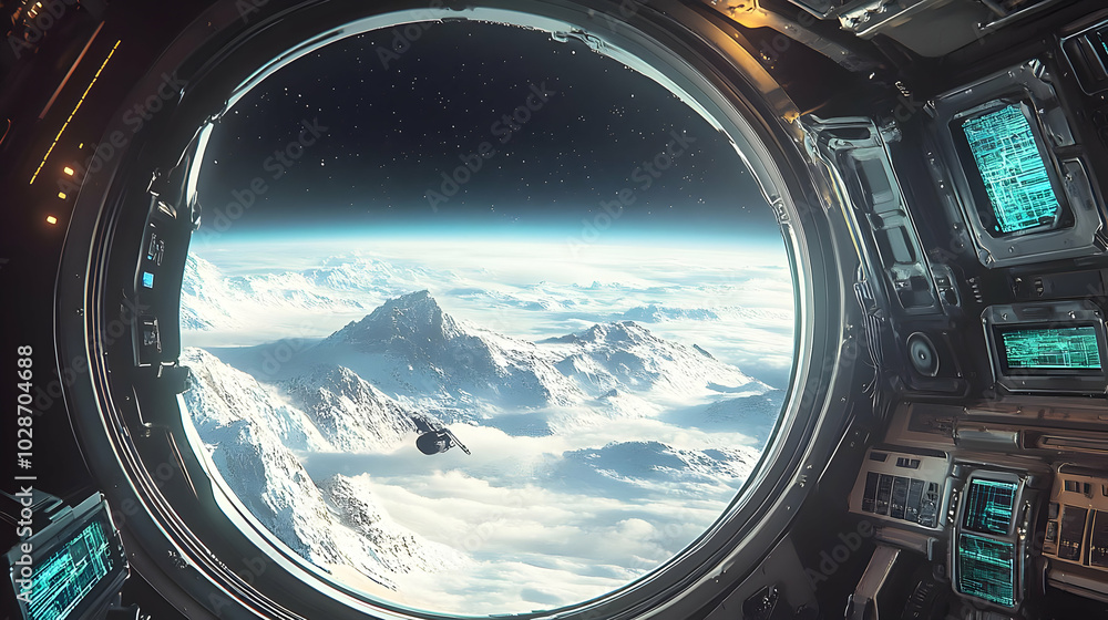 Poster view from a spacecraft window overlooking a mountainous planet.