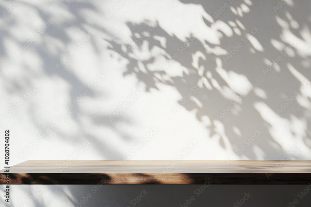Wall mural empty wooden tabletop on white wall with tree shadow background for displaying product design