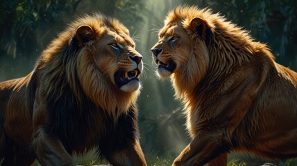 Fototapeta premium Two lions faced each other, their powerful bodies tensed and their eyes locked in silent confrontation. Their golden manes frame their faces, adding to their regal appearance.
