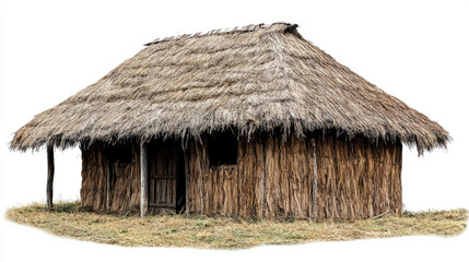 An old, traditional hut made of straw, isolated on a white background 