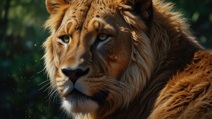 Fototapeta premium a lion standing tall against a dramatic backdrop of mountains and stormy skies. Its powerful build and piercing eyes exude an aura of strength and dominance.
