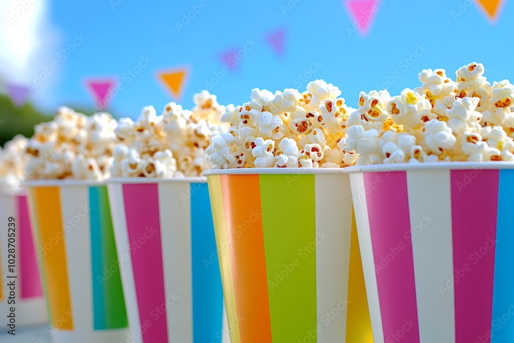 Aufkleber row of colorful paper cups filled with popcorn. the cups are arranged in a rainbow pattern concept o