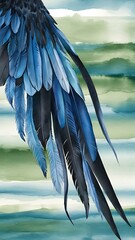 Obraz premium Blue and black bird feathers from wing. Watercolor background illustration set. Seamless background pattern.