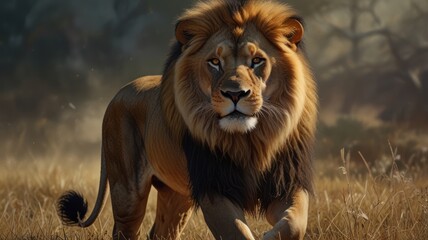 Fototapeta premium a lion standing tall against a dramatic backdrop of mountains and stormy skies. Its powerful build and piercing eyes exude an aura of strength and dominance.