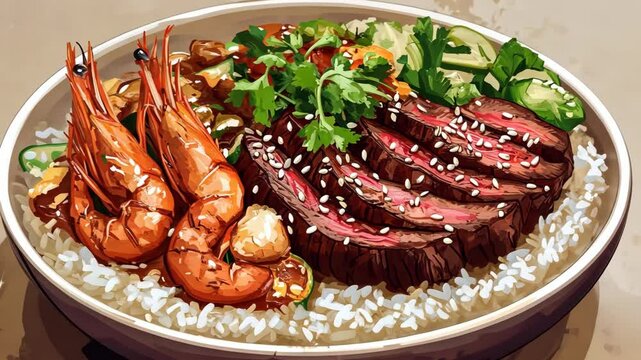 A close-up of a delicious bowl of beef, shrimp, and rice