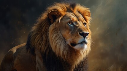 Fototapeta premium a lion standing tall against a dramatic backdrop of mountains and stormy skies. Its powerful build and piercing eyes exude an aura of strength and dominance.