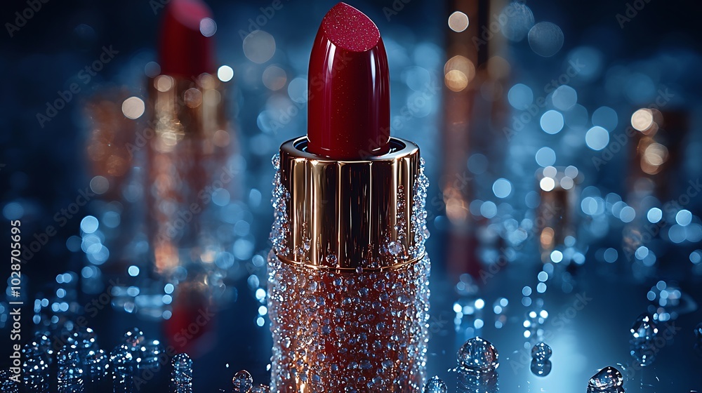 Poster close-up of a single red lipstick with gold casing covered in water droplets on a blue background wi