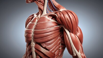 Detailed human anatomy shot of shoulder muscle and artery on plain studio background. Professional lighting