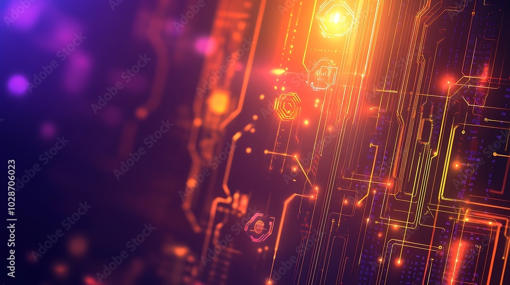 Poster abstract glowing circuit board with red and yellow lights.