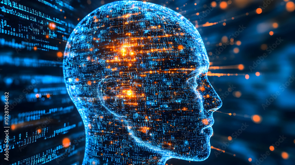 Poster digital representation of a human head with data visualization.