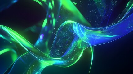 Fototapeta premium Abstract glowing green and blue liquid waves with sparkle on dark background.
