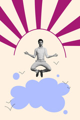 Vertical poster collage young man employee agent levitate meditation calmness self control clouds...