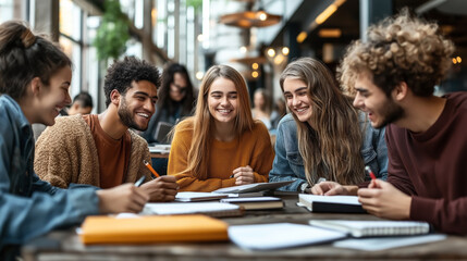 Obraz premium Group of young adults sitting together at a table engaged in studying or discussion, notebooks and pens visible, casual indoor setting with warm lighting.