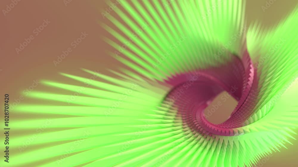Poster Digital loop animation of a spiraling figure in the shape of a Moebius ring, composed of many pointed elements with a red-green gradient. Depth of field effect. 3d rendering 4K