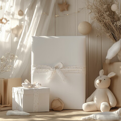 Gifts in white wrapping, children’s mockup