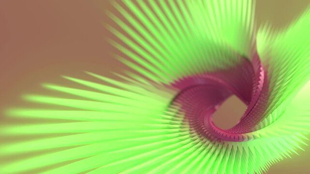 Digital loop animation of a spiraling figure in the shape of a Moebius ring, composed of many pointed elements with a red-green gradient. Depth of field effect. 3d rendering 4K