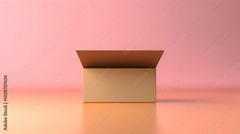 Poster a simple open cardboard box on a soft pink background.